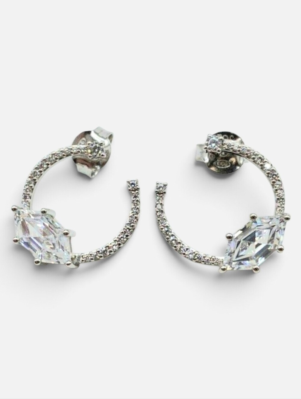 💎 925 Sterling Silver CZ Diamonds Marquise Open Hoop Stud Earrings THJCL CZ